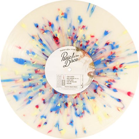 Too Weird To Live, Too Rare To Die!, Album by Panic! At The Disco. Clear vinyl with red, yellow & blue splatters. Collection of unusual, rare vinyl and unique colored collectible records. Pretty Vinyls, Vinyl Record Artwork, Fueled By Ramen, Vinyl Artwork, Vinyl Record Shop, Vinyl Aesthetic, Neutral Rainbow, Canvas Banner, Painted Vinyl