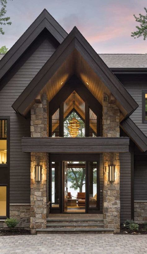 Dark Exterior Inspiration - Taryn Whiteaker Designs Dark Exterior House Colors Modern, Dark Exterior Homes, Rustic House Exterior, Dark Homes, Contemporary Lake House, Pelan Rumah, Colors Combinations, Stone Exterior, Exterior Inspiration