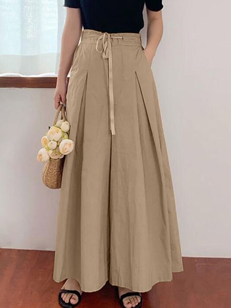 Women Drawstring Waist Loose Solid Color Casual Wide Leg Pants with Po – MRSLM Wide Trousers, Skirt Outfits Women, Loose Pants Outfit, Work Pants Women, Wide Leg Palazzo Pants, Casual Wide Leg Pants, Long Trousers, Pantalon Large, Loose Pants