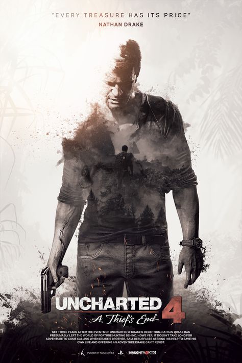 I created this poster inspired by film posters, with a cinematic touch, about Uncharted 4. I was inspired by the double exposure photographic effect, and I wanted to put the concept of the game (the island, the jungle, the ruins...) inside Nathan, also wi… Uncharted Game, Uncharted Series, A Thief's End, Video Games Ps4, Uncharted 4, Video Game Posters, Gaming Posters, Fan Poster, Nathan Drake