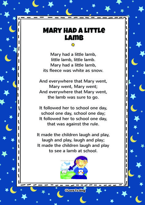 Mary Had a Little Lamb Song with FREE downloadable lyrics | Nursery Rhymes songs for kids Baby Lullaby Lyrics, Kids Nursery Rhymes Songs, Rhyming Poems For Kids, Sing A Song Of Sixpence, Lullaby Lyrics, Nursery Rhymes Poems, Bedtime Songs, Old Nursery Rhymes, Nursery Rhymes Lyrics