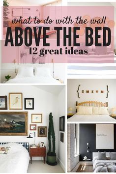 The area above your bed is a great blank slate for some fun art, but it can be so hard to decide what to put there! Here are 12 great ideas for DIY projects, prints, and more that you can use to decorate above your bed! Blank Wall Above Bed, Sleeping Room Wall Decoration, Diy Couple Bedroom Decor, Ideas For Walls In Bedroom, Back Of Bed Design, Diy Over The Bed Wall Decor Ideas Master Bedrooms, Ideas For Above Headboard, Bedroom Decor For Walls, Wall Accessories Bedroom