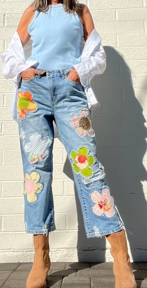 HerdingBoho - Etsy Couture, Upcycling, Cute Painted Jeans, Camp Verde Arizona, Patched Jeans Diy, Jeans Repurposed, How To Patch Jeans, Altering Jeans, Bedazzled Jeans
