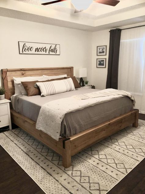 King Size Bed Master Bedrooms Small, Cal King Bed Frames, King Bed With Box Spring, Black Wood Farmhouse Bed, Farm Style Bedroom Master Suite, King Bedroom Decor Ideas, White Grey Wood Bedroom, California King Bed Set, Gray Bedding Ideas Farmhouse