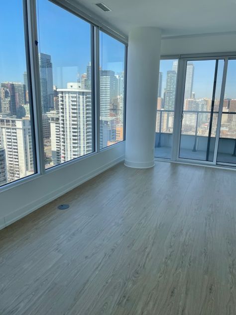 Empty Toronto Apartment Condos With Big Windows, High Rise Apartment Toronto, Canada Apartment Toronto, Toronto Condo View, Downtown La Apartment Aesthetic, Brand New Apartment, Toronto Canada Apartments, Apartment In Toronto, Toronto Aesthetic Apartment