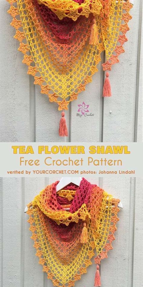 Tea Flower Shawl: FREE #Crochet Pattern This shawl is a hit. The Tea Flower Shawl is delicate, soft and drapes lovely. It will be an eye-catching addition to your summer outfit. The little flowers around the edge, which give it an even more summery look, are optional and there is an alternative picot border included. You can make this wrap in any size you want. Shawl Patterns, Shawl Free Crochet Pattern, Flower Shawl, Gilet Crochet, Poncho Crochet, Crochet Shawl Pattern Free, Crochet Shawls, Crochet Shawls And Wraps, Crochet Wrap