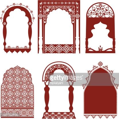 A collection of ornate arched windows featuring carved floral designs, inspired by the art of mehndi . Islamic Arches, Indian Window Design, Indian Window, Culture Of India, Mughal Art Paintings, Window Illustration, Ganapati Decoration, India Architecture, Mughal Architecture