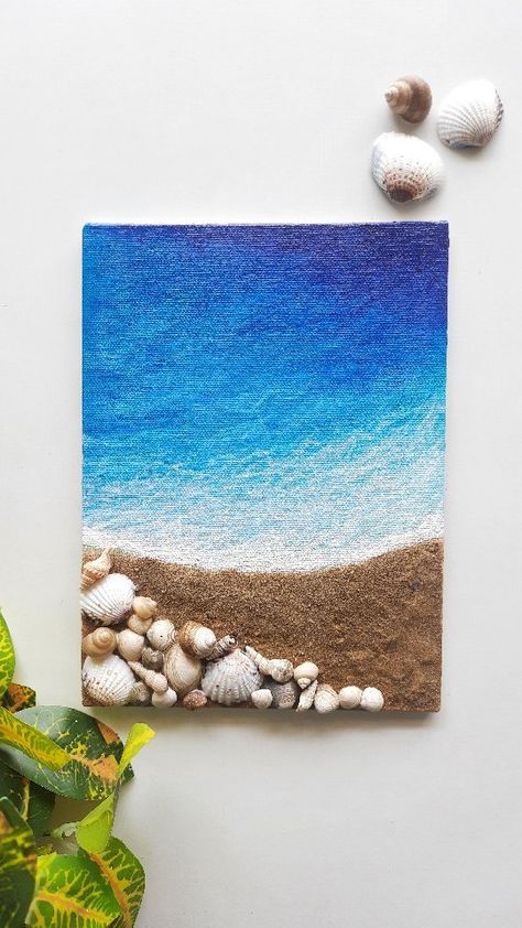 Seashell On Canvas Art, Easy Painting Beach, Mini Canvas Beach Paintings, Beachy Paintings, Beach Canvas Paintings, Seashell Art Diy, Canvas Painting Ideas For Beginners, Beachy Art, Art Coquillage