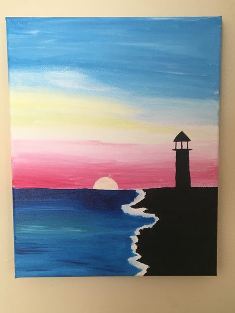 Ocean shore and light house Painting Nature Easy Simple, Light House Painting Watercolor, Easy Light House Painting, Sunset And Ocean Painting, Light House Drawing Easy, Ocean Painting Simple, Ocean Canvas Painting Easy, Oil Pastel Art Nature, Ocean Paintings Easy