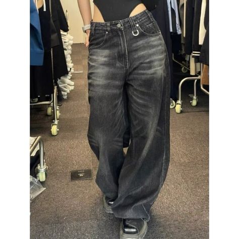 Street Korean Fashion, Korean Fashion Baggy, Wide Leg Jeans Women, Vintage Jeans Style, Black Wide Leg Jeans, Fashion Baggy, Vintage Street Fashion, Baggy Denim, Denim Decor