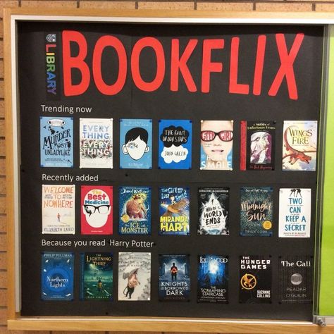 School Readathon Ideas, Intermediate Bulletin Board Ideas, Bookflix Bulletin Board, High School Library Bulletin Board Ideas, Books Display Ideas, Book Bulletin Board Ideas, Bookflix Display, Library Room Ideas School, Middle School Library Bulletin Boards