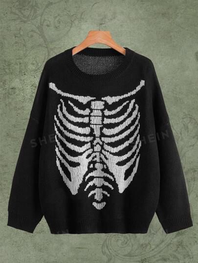 Skeleton Pattern, Mode Emo, Pullover Outfit, Drop Shoulder Sweater, Drop Shoulder Sweaters, Women Sweaters, Swaggy Outfits, Pattern Sweater, Loose Sweater