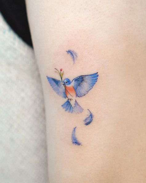 Bird Tattoos For Women Color, Small Bird Wrist Tattoos For Women, Mocking Jay Tattoos, Eastern Blue Bird Tattoo, Fine Line Bluebird Tattoo, Tiny Blue Bird Tattoo, Bird And Bee Tattoo, Bluebird Tattoos For Women, Blue Hummingbird Tattoo