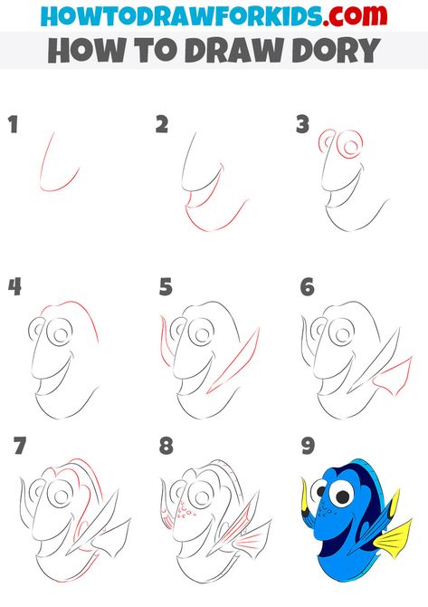 how to draw Dory step by step How To Draw Nemo Step By Step, How To Draw Dory Step By Step, How To Draw Finding Nemo Characters, Disney Doodles Simple Step By Step, Nemo Drawings Easy, Finding Nemo Drawings Easy, Draw Disney Characters Step By Step, Drawing Disney Characters Step By Step, Drawing Ideas Easy Step By Step Disney Cartoon Characters