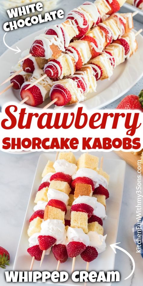 Have you tried Strawberry shortcake kabobs? Take your strawberry shortcake up a notch by using fresh strawberries and pound cake on skewers. This makes for a fun, easy, and delicious dessert that is perfect for Summer gatherings. Strawberry Shortcake Kabobs, Strawberry Dessert Recipes, Easy Summer Desserts, Oreo Dessert, Summer Snacks, Strawberry Desserts, Fresh Strawberries, Easy Baking Recipes, Strawberry Recipes