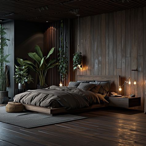 Dark and moody bedroom Modern Bedroom Men, Dark Interiors Bedroom, Bedroom Black Wood, Classic Interior Design Bedroom, Beige And Brown Bedroom Ideas, Bedroom Ideas Beige, Chocolate Brown Bedrooms, Vintage Boho Room, Modern Mens Bedroom