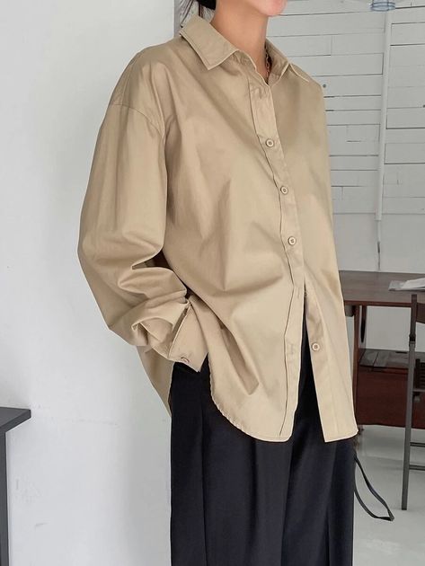 DAZY Solid Drop Shoulder Button Up Oversized Shirt | SHEIN Singapore Manche, Aesthetic Oversized Shirt, Blue Army, Brown Shirt, Color Chocolate, Plain Shirts, Women Blouses, Shirt Sale, Brown Fashion