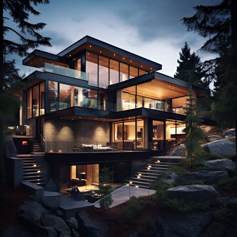 Modern House California, Modern Mountain Style Homes, Hillside Beach House, Modern House In The Woods Interior, House Exterior Mountain, Big Pretty Houses Modern, Mansions In The Mountains, Dark Modern Exterior House, Cabin Modern House