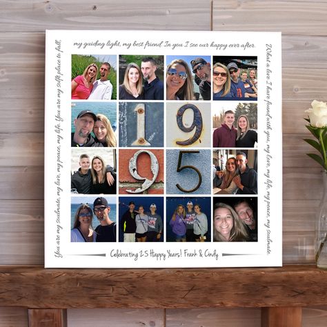 25th Anniversary Photo Collage on Canvas * We'll help you provide a gift that will celebrate the date and their life through the years! * Fast turnaround times means you have this thoughtful gift in hand in plenty of time ~ expedited shipping options available if you are a little last minute! -- ITEM DETAILS -- * A gallery wrapped giclée canvas with 14 photographs printed in a collage design. * 12 personal photographs supplied by you ~ emailed, sent via dropbox, or attached to an etsy convo (whi Photo Collage On Canvas, Anniversary Photo Collage, Anniversary Photo Gift, 25th Wedding Anniversary Invitations, Anniversary Photo Album, Silver Wedding Gifts, 25 Wedding Anniversary Gifts, 25th Anniversary Party, Photo Collage Canvas