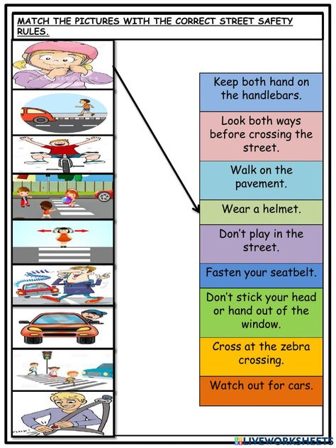 Road safety online activity for 4. You can do the exercises online or download the worksheet as pdf. Street Safety Worksheets, Safety Town Activities, Road Safety Worksheet, Road Safety Activities, Pedestrian Safety Activities, Road Safety Games, Road Safety Signs, Safety Games, Street Safety