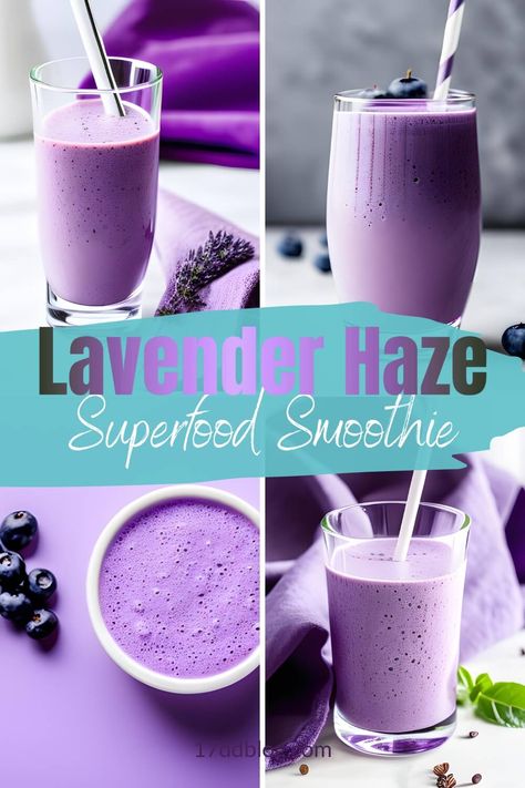 The Lavender Haze Superfood Smoothie is the drink of all drinks for Swifties who want healthy ingredients, superfoods for extra brain power and healthy fats, fiber and protein for a full meal #17daydiet #17daykickstartdiet #lavenderhazedrink #lavenderhazesmoothie Lavender Protein Shake, Healthy Lavender Recipes, Lavender Powder For Drinks, Lavender Recipes Drinks, Lavendar Recipe, Lavender Drinks, Lavender Smoothie, Lavender Food, Clean Juice