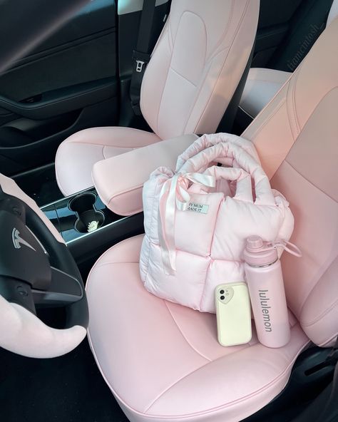 Pink Tesla Car Interior, Dream Things To Buy, White Car Pink Interior, Car Interior Accessories Girly, Girly Car Essentials, Car Cute Accessories, Light Pink Car Accessories, Tesla Pink Interior, Bt21 Car Accessories
