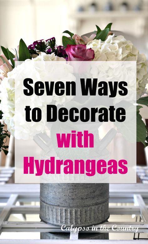 Seven Ways to Decorate With Hydrangeas - includes tablescapes, centerpieces, vignettes and more! How To Display Dried Hydrangeas, Hydrangea Arrangements Farmhouse, Hydrangea Flower Centerpieces, Table Decor With Hydrangeas, Silk Flower Arrangements For Home Floral, Fall Simple Tablescapes, Flower Arrangements For Dining Room Table, Flower Arrangements With Hydrangeas And Roses, Rustic Hydrangea Centerpiece