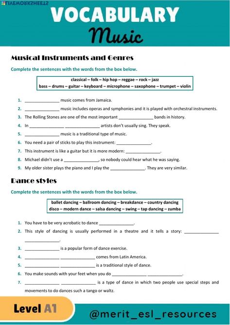 Elements Of Music Worksheets, Music Vocabulary Worksheet, Art Vocabulary Worksheets, Music Types, Genre Activities, Music Vocabulary, Puzzle English, English For Students, Conditional Sentence