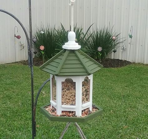 Bird Feeders Paint Ideas, Painted Gazebo Bird Feeder, Bird Feeders Painted, Painted Bird Feeders Ideas, Bird Feeder Painting Ideas, Bird Feeders Diy Wooden, Painted Bird Feeder, Wooden Bird Feeder, Gazebo Bird Feeder