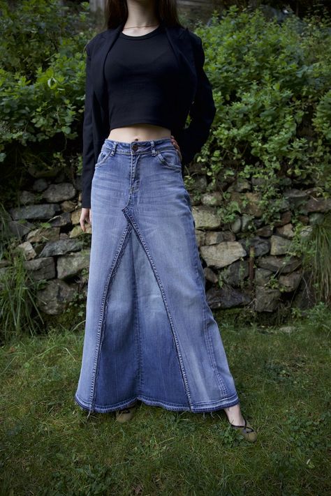 New Design: The Perfect Upcycled Denim Skirt | Modern Mending Pai, Reworked Denim Skirt, Upcycled Denim Skirt, Denim Sewing, Recyceltes Denim, Demin Skirt, Reworked Denim, Bowen Island, Upcycled Jeans