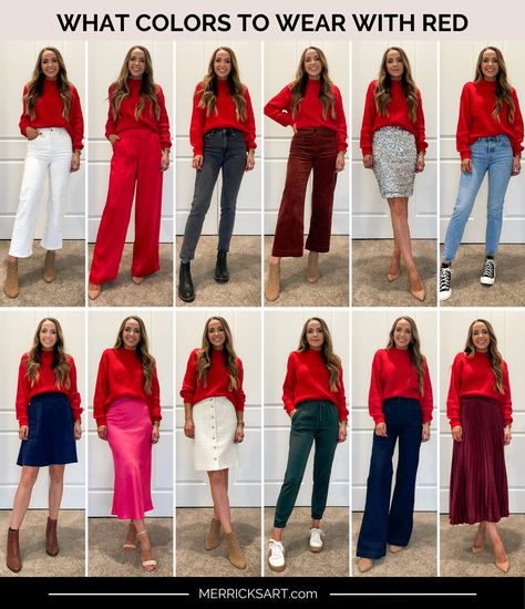 What Colors and Prints To Wear With Red - Merrick's Art Red Color Outfits For Women, Upcycling, Red Top Spring Outfit, Red Tan Outfit, Styling A Red Shirt, What To Wear With Red Trousers, Color Combo With Red, Styling Red Top, Red Colour Combo Outfit