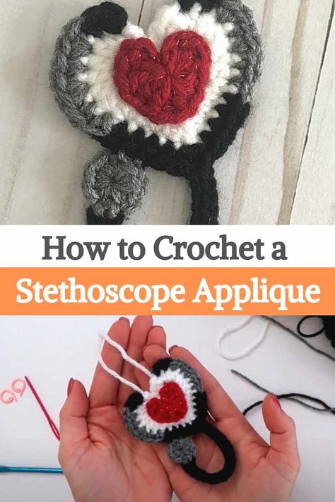 This time you will learn how to crochet a stethoscope with a heart ornament for gifts and many different projects! You can use it as an applique and sew it on a bag or blanket, use it as a gift ornament, or even a Christmas tree decoration! Do something very special for a doctor or nurse you know. For this project you will need different colored yarn, the author chose medium-weight red, white, black, and gray yarn in size 4, as well as a size L crochet hook, two stitch markers, a pair of... Amigurumi Patterns, Nursing Crochet Pattern, Crochet For Doctors, Crochet Keychain For Nurse, Sewing Gifts For Nurses, Nurse Crochet Pattern, Crochet Stethoscope Pattern Free, Crochet For Nurses, Nurse Crochet Ideas