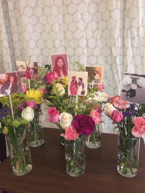 Photo Display Centerpiece, Remembrance Birthday Party Ideas, Milestone Birthday Centerpiece, Diy Centerpieces For Funeral, Centerpieces With Pictures Birthday, 50 Birthday Table Centerpieces, Centerpieces For Party With Pictures, Diy Centerpieces With Pictures, Floral Birthday Centerpieces