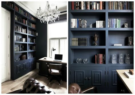 Farrow and Ball: Hague Blue - How to Use this Striking Colour in 2022 Hague Blue Bathroom, Hague Blue Kitchen, Farrow And Ball Hague Blue, Dark Blue Office, Oak Interior Design, Blue Library, Farrow And Ball Living Room, Park And Oak, Blue Home Offices