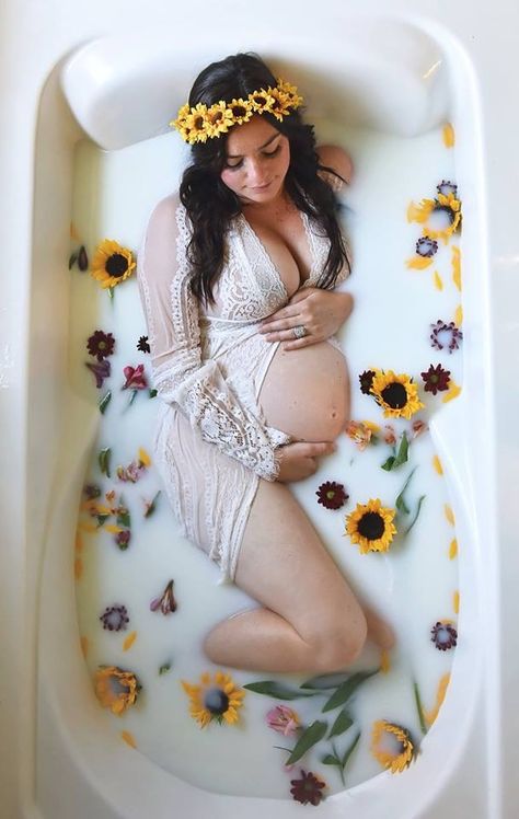 Milk bath maternity photography sunflowers! Bathtub Photoshoot Maternity, Floral Milk Bath Maternity, Maternity Milk Bath Poses, Flower Bath Maternity Shoot, Maternity Photography In Bathtub, Maternity Photo Shoot Ideas Bathtub, Pregnant Bathtub Photoshoot, Maternity Shoot Bathtub, Milk Bath Poses