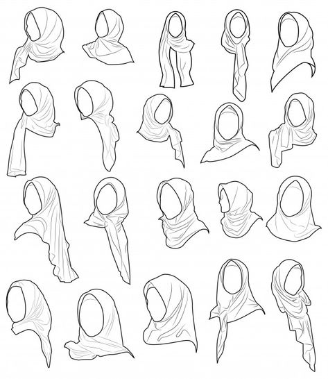 Vector set drawing of muslim woman with ... | Free Vector #Freepik #freevector #freebackground #freelogo #freepeople #freeicon Hijab Drawing Tutorial, How To Draw A Hijab, How To Draw Hijab, Hijab Drawing Reference, Muslimah Drawing, Hijab Reference, Woman With Hijab, Woman With Headscarf, Pencil Drawings Ideas