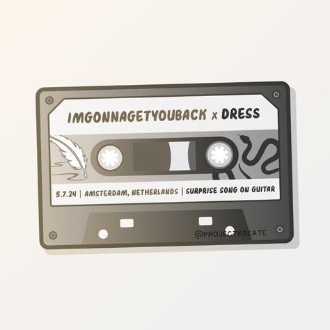 imgonnagetyouback x Dress Mashup / Taylor Swift The Eras Tour / Amsterdam, Netherlands Night 2 Surprise Songs / Cassette Tape Sticker Illustrated by: Project Kreate Songs Taylor Swift, Murfreesboro Tennessee, Tape Sticker, Taylor Swift The Eras Tour, Amsterdam Netherlands, Guitar Songs, Anime Stickers, Cassette Tape, Cassette Tapes
