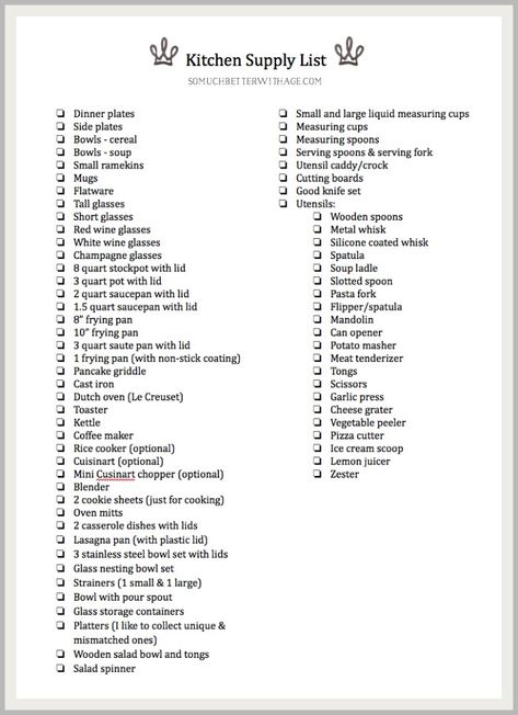 Complete Kitchen Supply List/graphic- So Much Better With Age New Apartment Checklist Kitchen, Organisation, Home Supplies List, Airbnb Supply List, New House Kitchen Checklist, Kitchen Organization List, Kitchen Essentials List Apartments, New Home Kitchen Checklist, Apartment Supply List