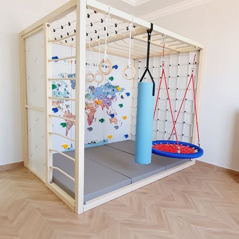 In Home Playground, Ninja Course Playroom, Small Indoor Jungle Gym, In Door Playground, Indoor Playground Playroom, Diy Indoor Kids Gym, Indoor Active Playroom, Small Active Playroom, Indoor Playground Design Playrooms