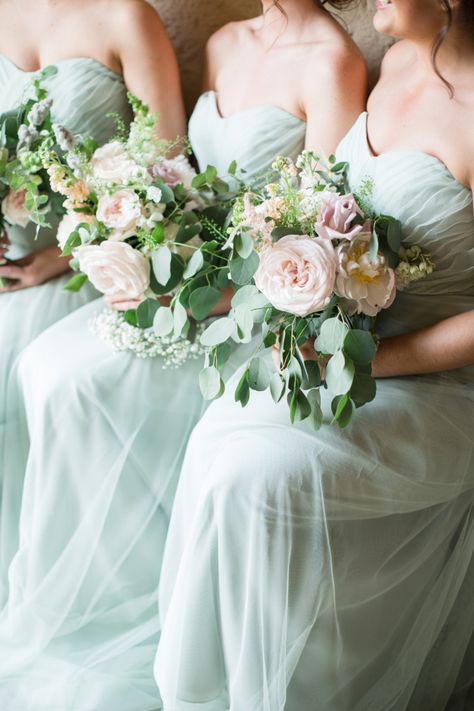 Bridesmaid in Pale Green Dresses with Pink and White  Bouquets | Photographer: Cecelina Photography | Venue: Valentina’s Lost Orangery | Creative Stylist: Hollie Freeland | Florist: Charlotte Elizabeth | Tabes & Chairs: Abbas Marquees | Videographer: Walk In Love Studio Light Green Bridesmaid Dresses, Pizza Van, Hair Garland, Wedding Mint Green, Pastel Color Schemes, Green Bridesmaid, Mint Wedding, Green Bridesmaid Dresses, White Bouquet