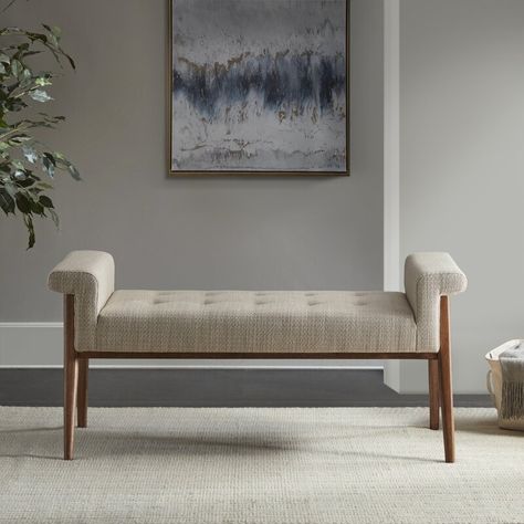George Oliver Ciera Bench & Reviews | Wayfair Corridor Bench, Frame Composition, Contemporary Stools, Accent Bench, Tan Fabric, Living Room Bench, Bed Bench, Living Room Collections, Natural Walnut