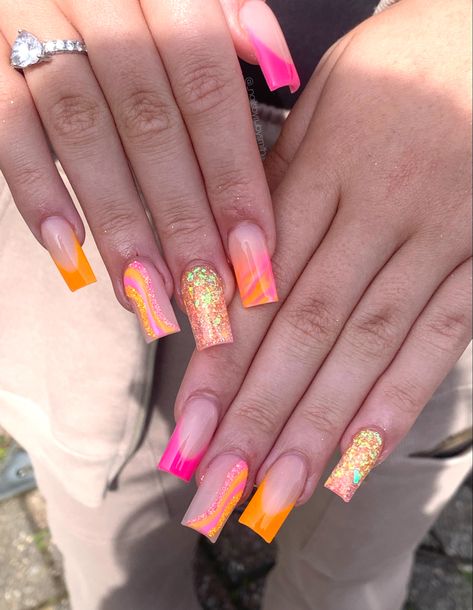 Square Acrylic Nails Marble, Orange Square Acrylic Nails, Acrylic Nails Marble, Bright Acrylic Nails, Holiday Acrylic Nails, Nail Art French, Bright Summer Acrylic Nails, Orange Acrylic Nails, Pink Tip Nails