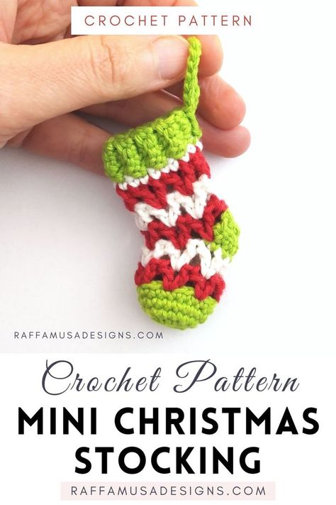 a crocheted mini Christmas stocking ornament Natal, Crochet Christmas Bulbs Pattern Free, Crochet Christmas Patterns Free, Free Crochet Patterns Christmas, Crochet Stocking Pattern Free, Holiday Crochet Patterns, Crochet Christmas Ornaments Free, Mini Christmas Stockings, Crochet Ornament Patterns