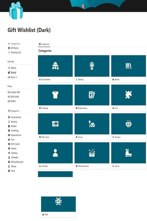 Notion Wishlist Template Ideas, Notion Page Name Ideas, Notion Gift Template, Wish List Notion, Notion Wishlist Ideas, Notion Wishlist Template, Wishlist Notion, Notion Wishlist, Notion Hacks