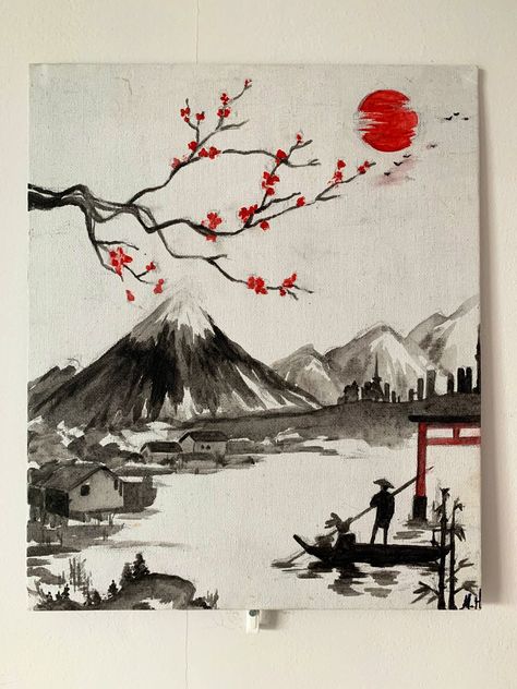 Acrylic on A4 canvas board. Original painting. Perfect for any japan enthusiast! Tela, Asian Inspired Paintings, Chinese Canvas Painting, Watercolour Nature Landscapes, Drawing Ideas Japanese, Japan Canvas Painting, Japan Painting Acrylic, Japanese Painting Landscape, Japanese Painting Acrylic