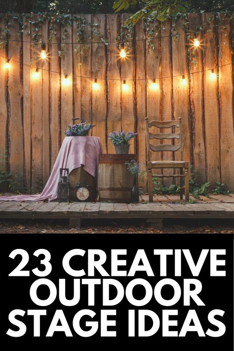 An outdoor stage is a super fun, creative, and useful focal point for your next outdoor event, and in this article, we take a look at 23 of the most creative outdoor stage ideas out there! Read more at OwnTheYard.com! Backyard Stage Diy, Backyard Karaoke Stage, Wedding Concert Stage, Outdoor Concert Stage Design Ideas, Platform Stage Design, Outdoor Concert Decorations, Backyard Music Stage, Pallet Stage Platform, Boho Stage Design