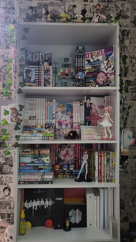 Manga, figures, spy X family, chainsaw man, bts, Demon slayer Spy X Family Room Decor, Anime Room Ideas Demon Slayer, Demon Slayer Inspired Room, Demon Slayer Collection, Manga And Figure Shelf, Demon Slayer Manga Collection, Manga Bookshelf Ideas, Demon Slayer Bedroom, Demon Slayer Room Decor