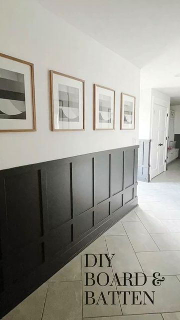 Simple Wood Paneling, Half Charcoal Half White Wall, Board And Batten Wall With Photos, Wall Paneling Ideas Half Wall, Bottom Half Of Wall Ideas, Decorative Half Wall, Black And White Two Tone Wall, Half Black And White Wall, Wood Panel Walls Entry Way