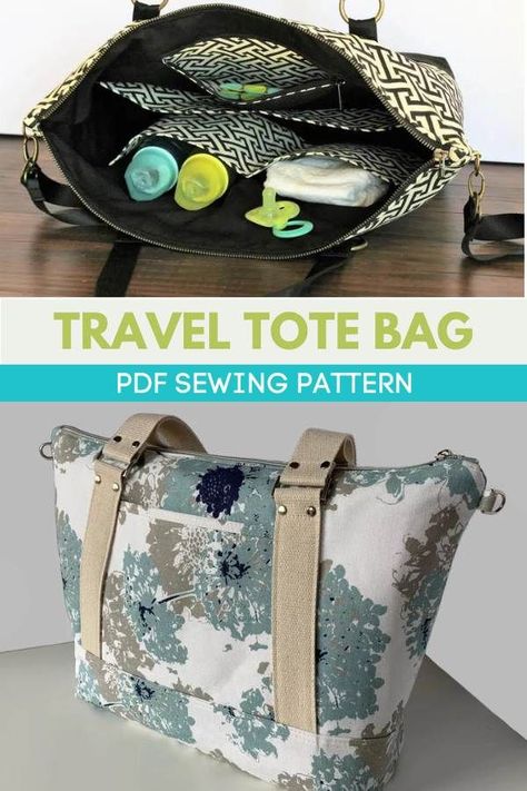 Travel Tote Bag sewing pattern. A Tote Bag pattern that makes organization easy. Contains many large interior/exterior pockets. The top zip closure keeps everything safe inside the bag. The 2 exterior slip pockets keeps important items within easy reach. The fully lined interior contains 5 pockets (1 zippered). Large tote bag sewing pattern. SewModernBags Tela, Couture, Zippered Tote Bag Pattern, Zippered Tote Bag Tutorial, Large Tote Bag Pattern, Diaper Bag Sewing Pattern, Sew Tote Bag Pattern, Tote Bag Sewing Pattern, Easy Crochet Bag