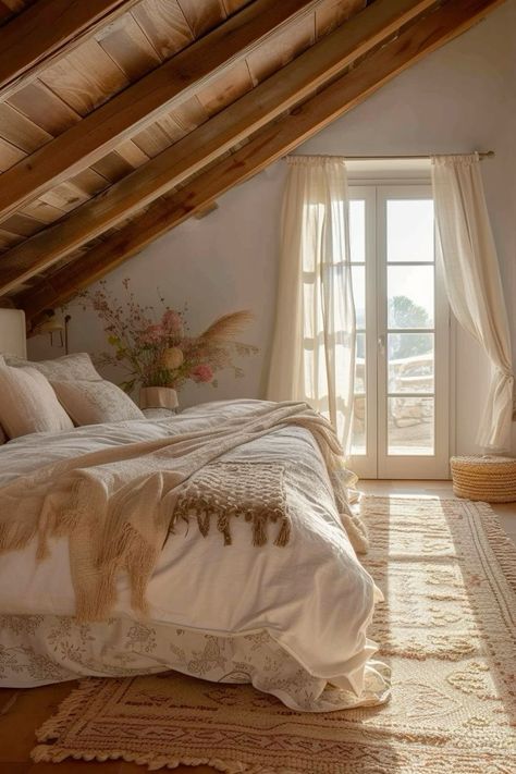 Bedroom Interior Design Aesthetic, Bedroom With Wooden Beams, Cute House Bedroom, Country Home Aesthetic Bedroom, Nice Houses Interior Bedrooms, Country Bedroom Ideas Farmhouse Rustic, Cozy Master Suite Ideas, Rustic Bed Room, Light Bedroom Aesthetic